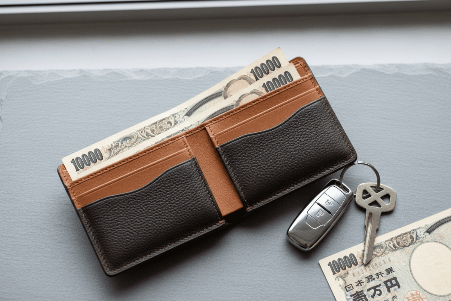 二つ折り財布と鍵1本とスマートキー。