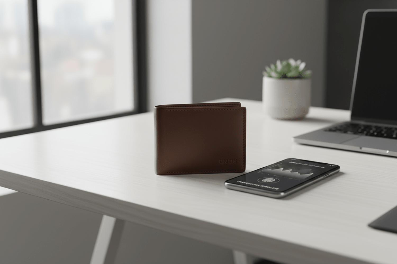 二つ折り財布とスマートフォン。