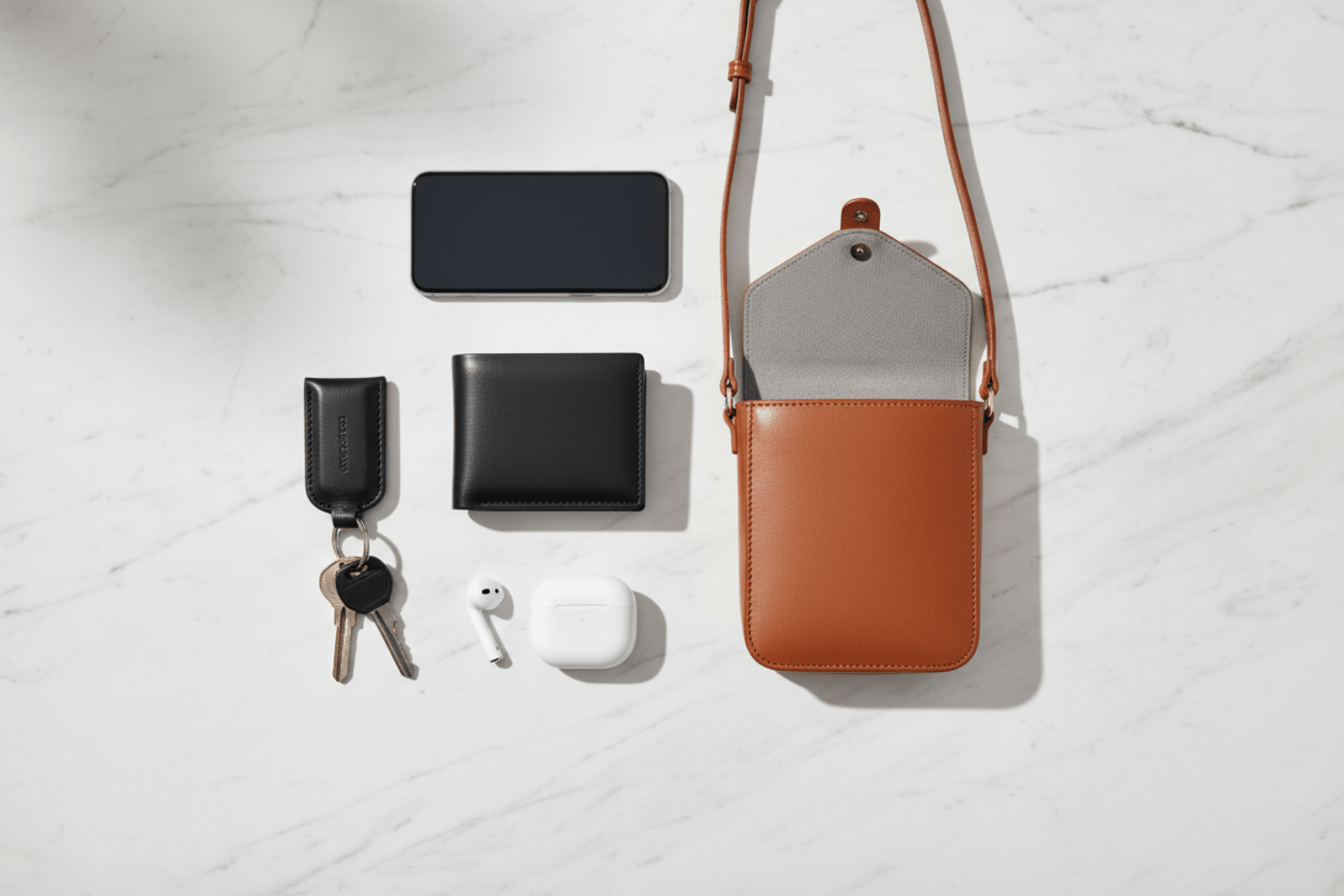 キャッシュレス時代の持ち物（二つ折り財布、サコッシュ、イヤホン、鍵、スマホ）