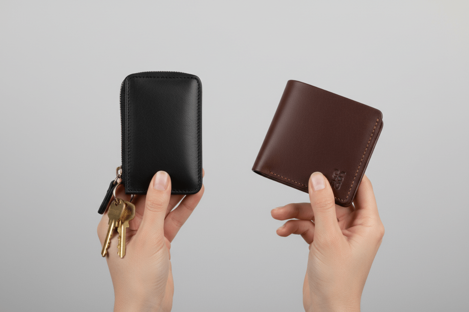 右手にコンパクト財布と左手にキーケース。