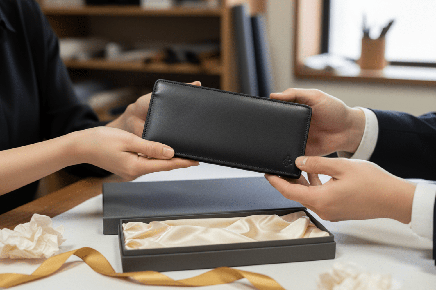 長財布をプレゼントするシーン。