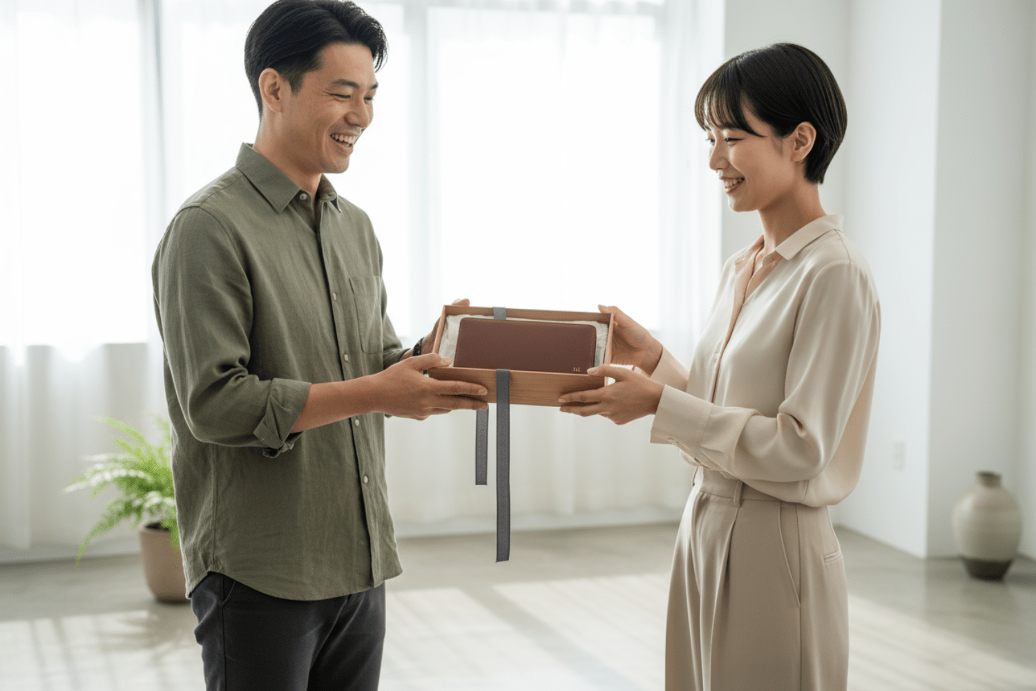 女性から男性へ長財布をプレゼントするシーン。