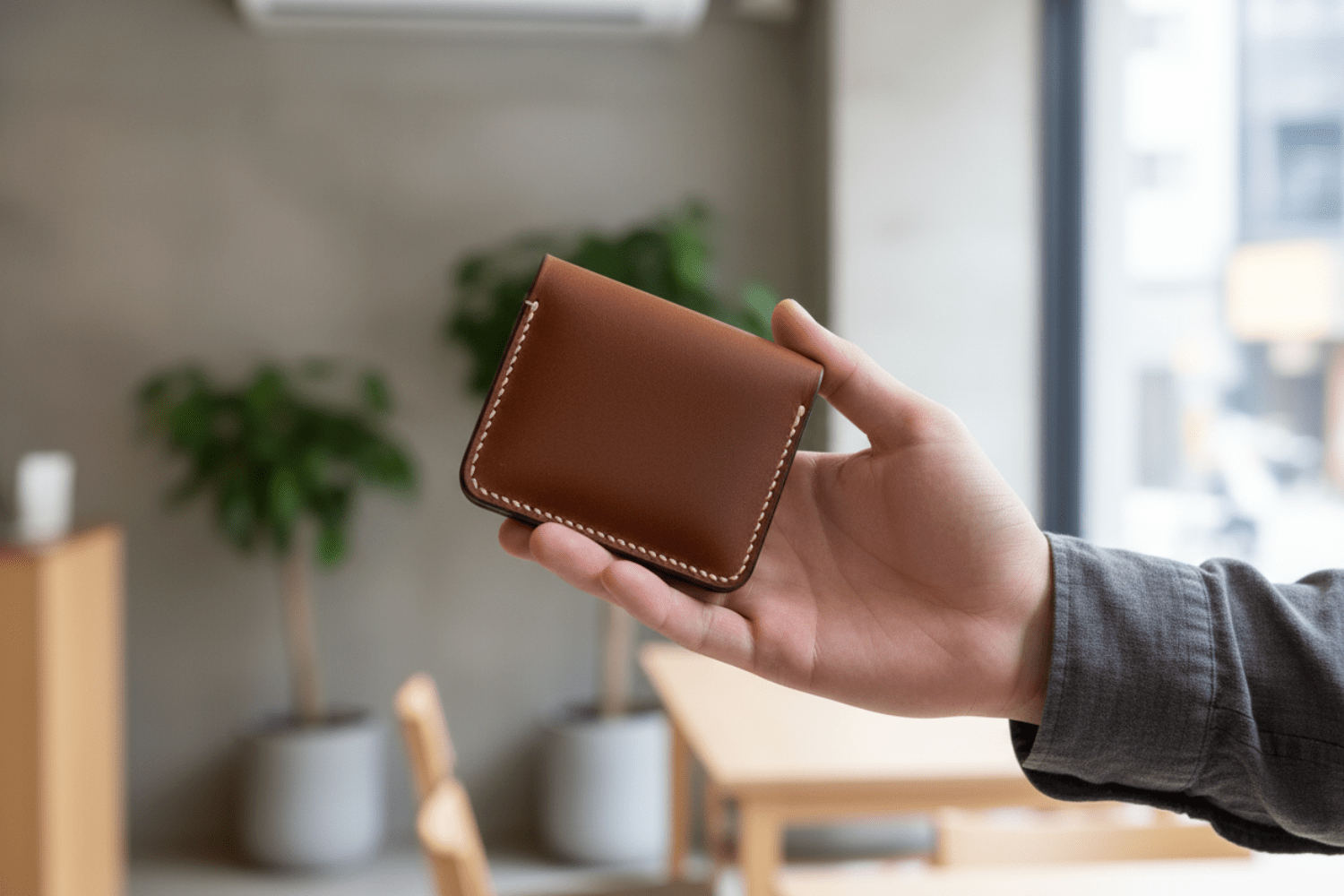 男性がコンパクト財布を持っている。
