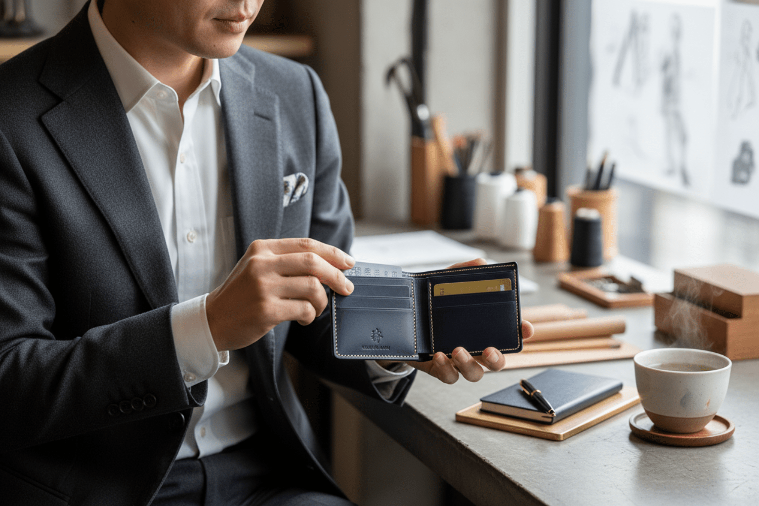 二つ折り財布と男性。
