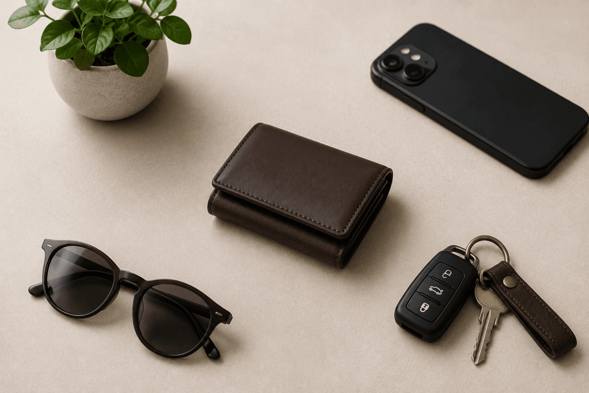 ミニ財布とスマートフォン、鍵、サングラスを並べたミニマリストの持ち物。