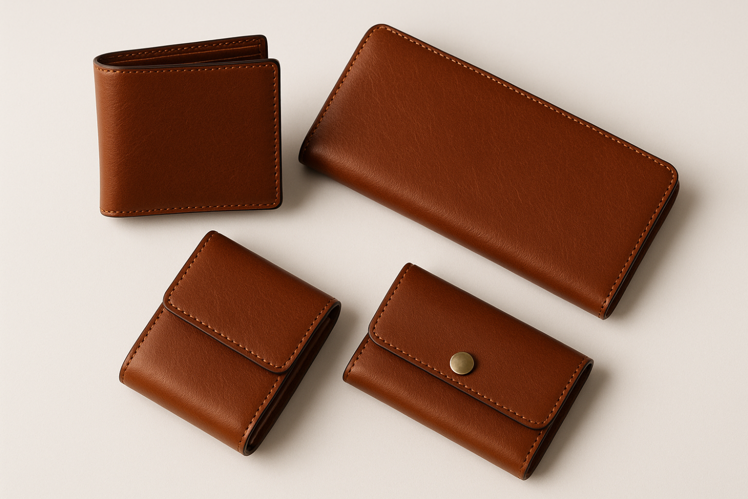 ミニ財布、コンパクト財布、二つ折り財布、長財布、三つ折り財布、キーケースの集合写真。