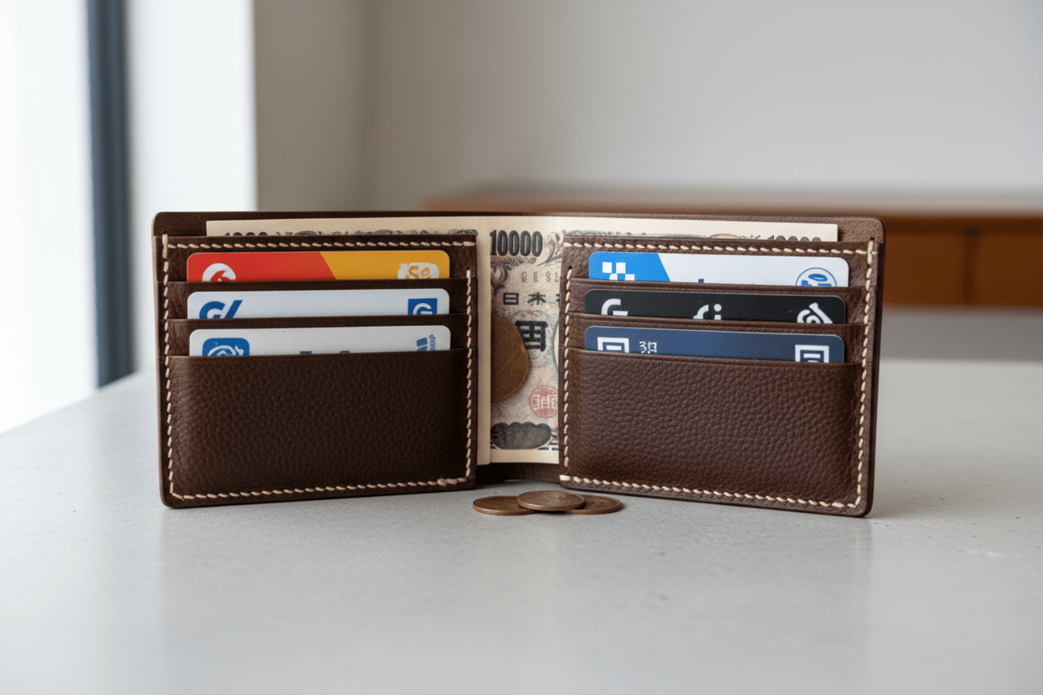 現金とカードが整理された二つ折り財布。