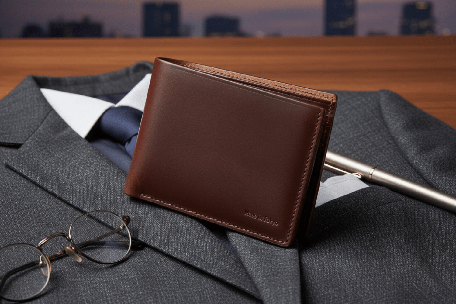 薄い二つ折り財布とスーツ。