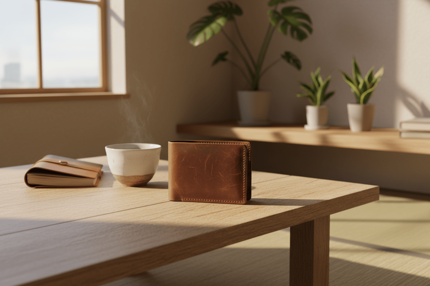 自然な雰囲気の部屋に財布。
